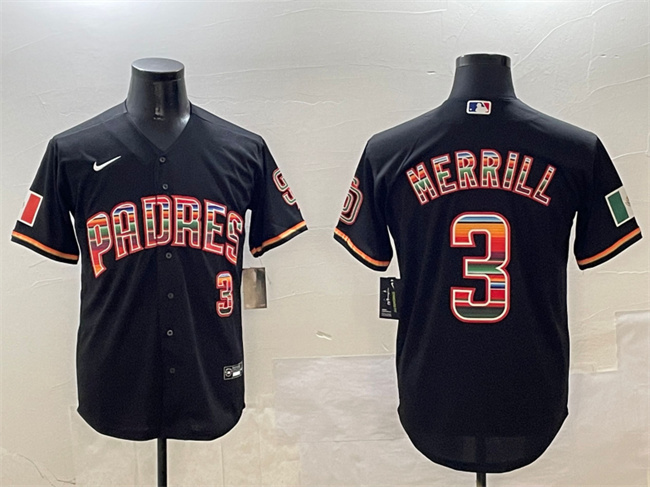 Men's San Diego Padres #3 Jackson Merrill Black Mexico Cool Base Stitched Baseball Jersey