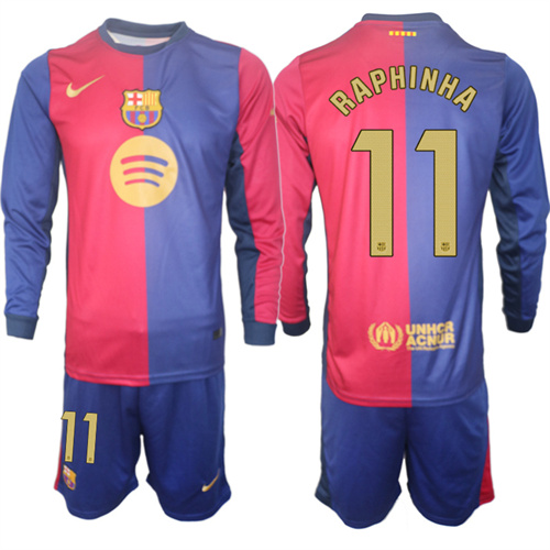 Men's FC Barcelona Home Long Sleeves 11# RAPHINHA 2024-25 Suit Soccer Jerseys