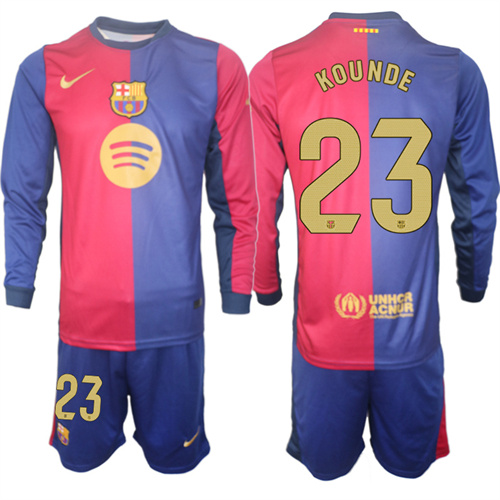 Men's FC Barcelona Home Long Sleeves 23# KOUNDE 2024-25 Suit Soccer Jerseys