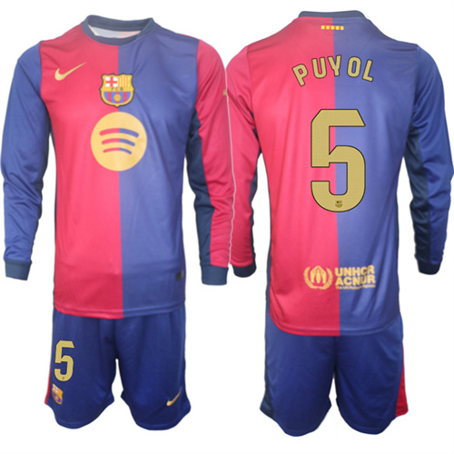Men's FC Barcelona Home Long Sleeves 5# PUYOL 2024-25 Suit Soccer Jerseys