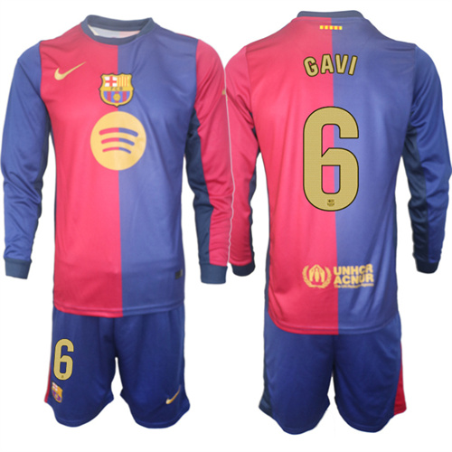 Men's FC Barcelona Home Long Sleeves 6# GAVI 2024-25 Suit Soccer Jerseys