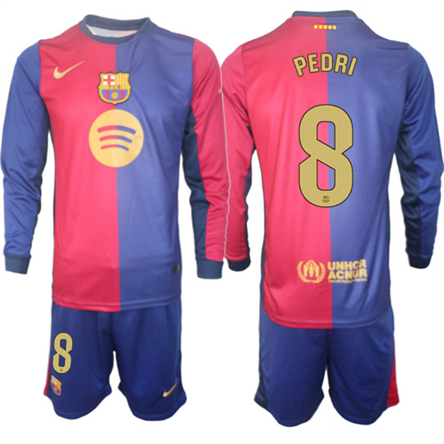 Men's FC Barcelona Home Long Sleeves 8# PEDRI 2024-25 Suit Soccer Jerseys