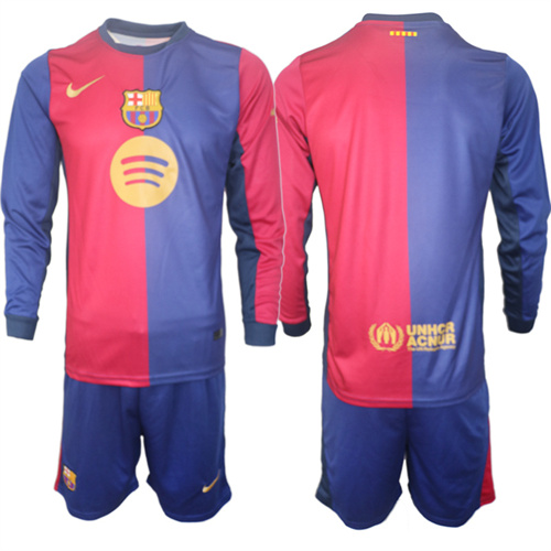 Men's FC Barcelona Home Long Sleeves Custom Or Blank 2024-25 2024-25 Suit Soccer Jerseys