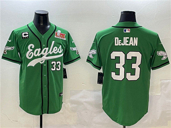 Men's Philadelphia Eagles #33 Cooper DeJean Green 2025 Super Bowl LIX And 3-Star C Patch Stitched Baseball Jersey