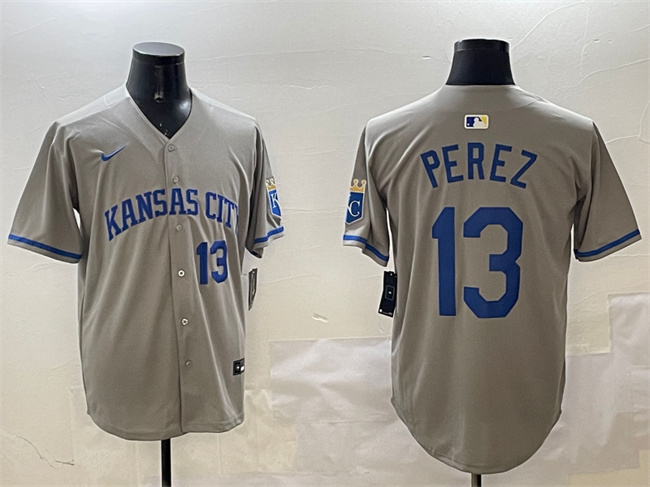 Men's Kansas City Royals #13 Salvador Perez Gray 2024 Away Limited Stitched Baseball Jersey