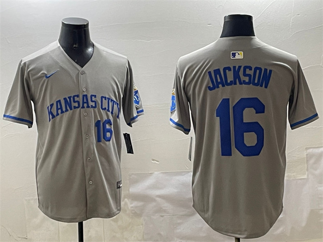 Men's Kansas City Royals #16 Bo Jackson Gray 2024 Away Limited Stitched Baseball Jersey