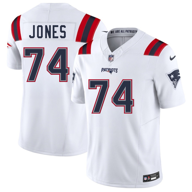 Men's New England Patriots #74 Caleb Jones White 2025 F.U.S.E. Vapor Limited Football Stitched Jersey