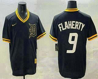 Men's Detroit Tigers #9 Jack Flaherty Black Gold Nike Cooperstown Legend V Neck Jersey