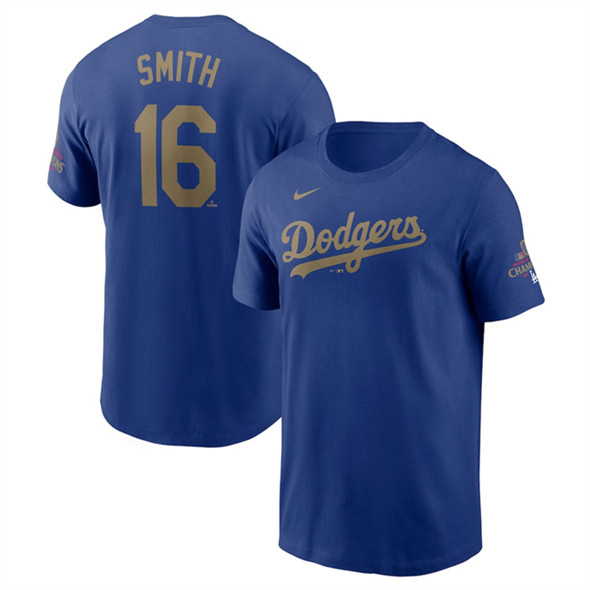 Men's Los Angeles Dodgers #16 Will Smith Royal 2025 Gold Collection Name & Number T-Shirt