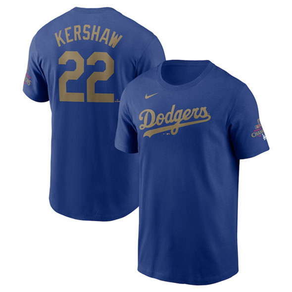 Men's Los Angeles Dodgers #22 Clayton Kershaw Royal 2025 Gold Collection Name & Number T-Shirt