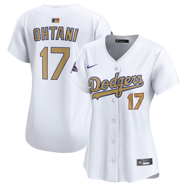 Women's Los Angeles Dodgers #17 Shohei Ohtani White 2025 Gold Collection Limited Stitched Baseball Jersey(Run Small)