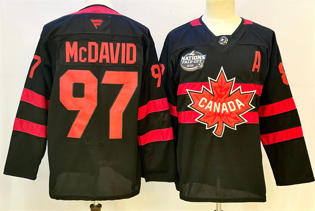 Men's Canada #97 Connor McDavid Black 2025 4 Nations Face-Off Premium With A Patch Stitched Jersey