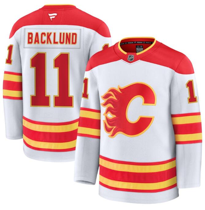 Men's Calgary Flames #11 Mikael Backlund Fanatics White Away Premium Stitched Jersey