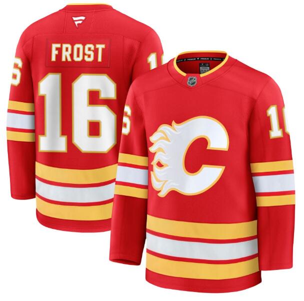 Men's Calgary Flames #16 Morgan Frost Fanatics Red Home Red Premium Stitched Jersey