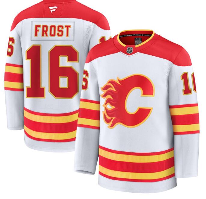 Men's Calgary Flames #16 Morgan Frost Fanatics White Away Premium Stitched Jersey