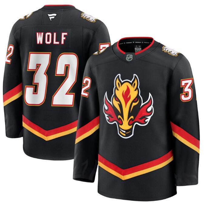Men's Calgary Flames #32 Dustin Wolf Fanatics Alternate Premium Black Stitched Jersey