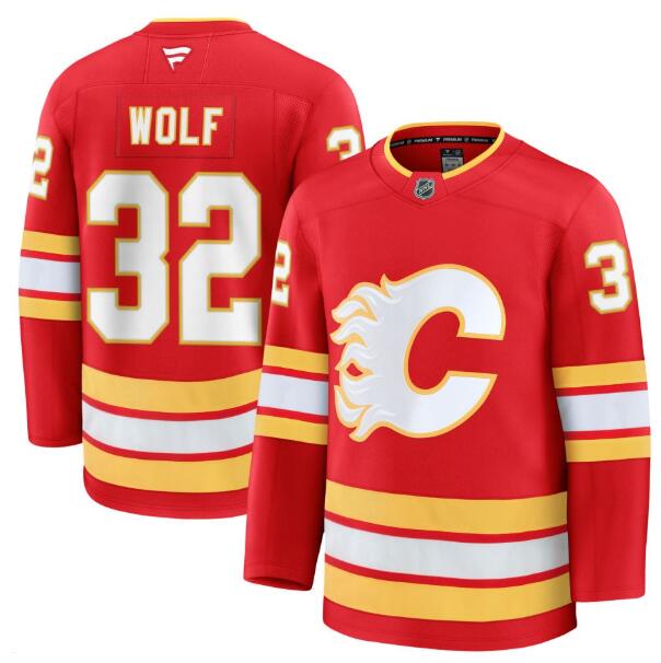 Men's Calgary Flames #32 Dustin Wolf Fanatics Red Home Red Premium Stitched Jersey