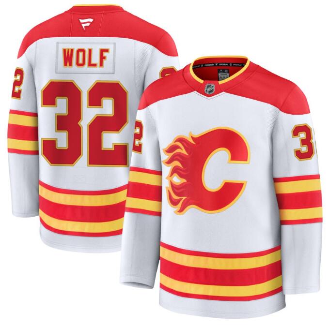 Men's Calgary Flames #32 Dustin Wolf Fanatics White Away Premium Stitched Jersey