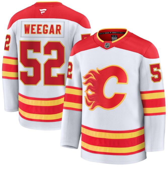 Men's Calgary Flames #52 Mackenzie Weegar Fanatics White Away Premium Stitched Jersey