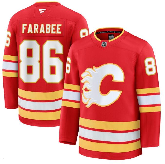 Men's Calgary Flames #86 Joel Farabee Fanatics Red Home Red Premium Stitched Jersey