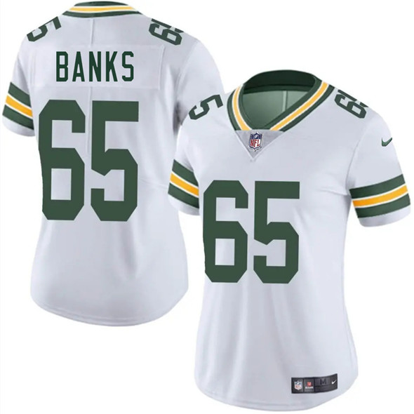Women's Green Bay Packers #65 Aaron Banks White 2025 Vapor Untouchable Limited Football Stitched Jersey(Run Small)