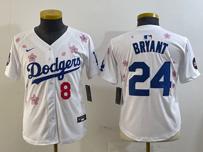 Youth Los Angeles Dodgers Front #8 Back #24 Kobe Bryant White 2025 Tokyo Series Limited Stitched Baseball Jersey