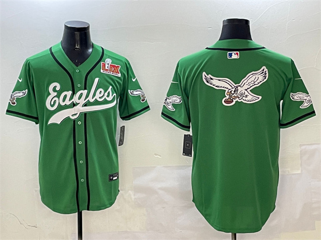Men's Philadelphia Eagles Team Big Logo Green 2025 Super Bowl LIX Patch Stitched Baseball Jersey 1