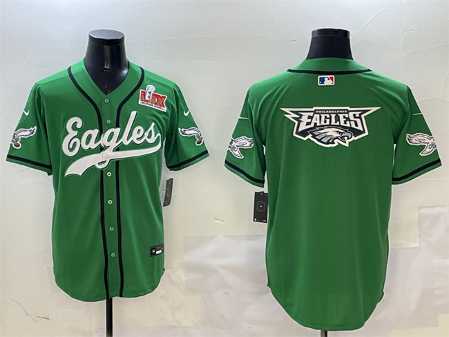 Men's Philadelphia Eagles Team Big Logo Green 2025 Super Bowl LIX Patch Stitched Baseball Jersey