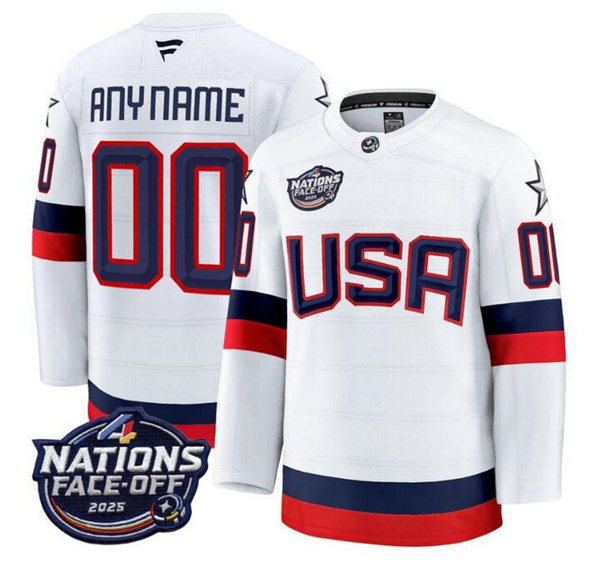 Men's USA Active Player Custom White 2025 4 Nations Face-Off Stitched Jersey