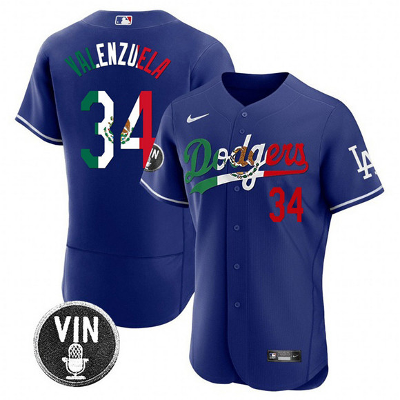 Men's Los Angeles Dodgers #34 Fernando Valenzuela Royal Mexico Special Vin Scully Patch Flex Base Stitched Baseball Jersey