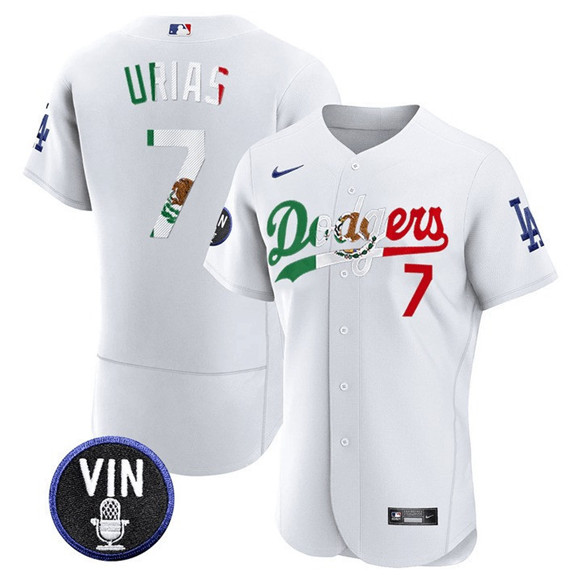 Men's Los Angeles Dodgers #7 Julio Urias White Mexico Special Vin Scully Patch Flex Base Stitched Baseball Jersey