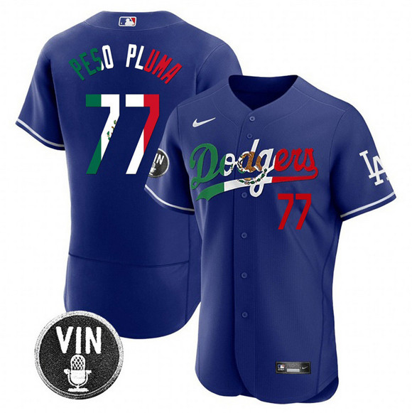 Men's Los Angeles Dodgers #77 Pezo Pluma Royal Mexico Special Vin Scully Patch Flex Base Stitched Baseball Jersey