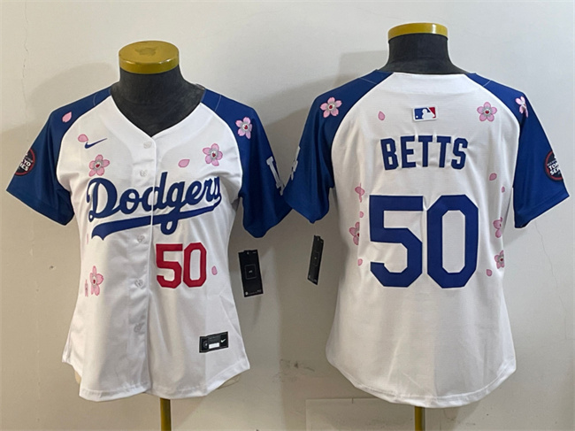 Women's Los Angeles Dodgers #50 Mookie Betts White Royal 2025 Tokyo Series Limited Stitched Baseball Jersey(Run Small)