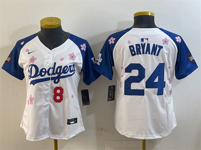 Women's Los Angeles Dodgers Front #8 Back #24 Kobe Bryant White Royal 2025 Tokyo Series Limited Stitched Baseball Jersey(Run Small)