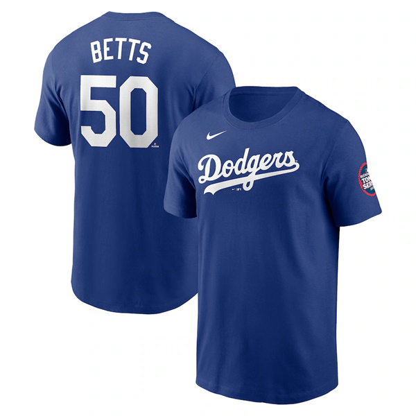 Men's Los Angeles Dodgers #50 Mookie Betts Royal 2025 Tokyo Series Name & Number T-Shirt
