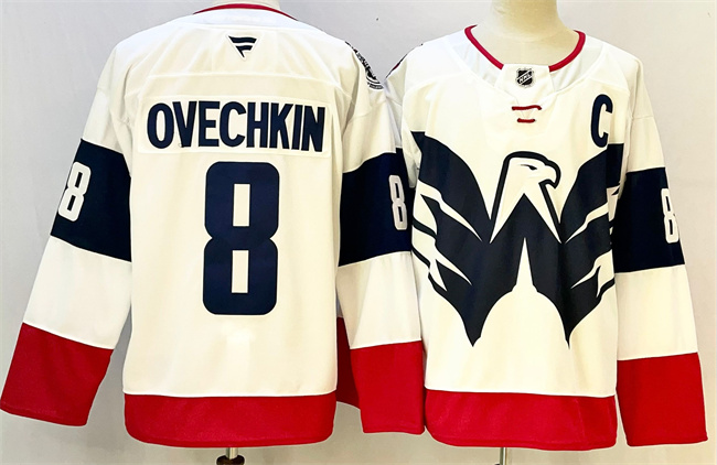 Men's Washington Capitals #8 Alexander Ovechkin White Navy With C Patch Stadium Series Stitched Hockey Jersey
