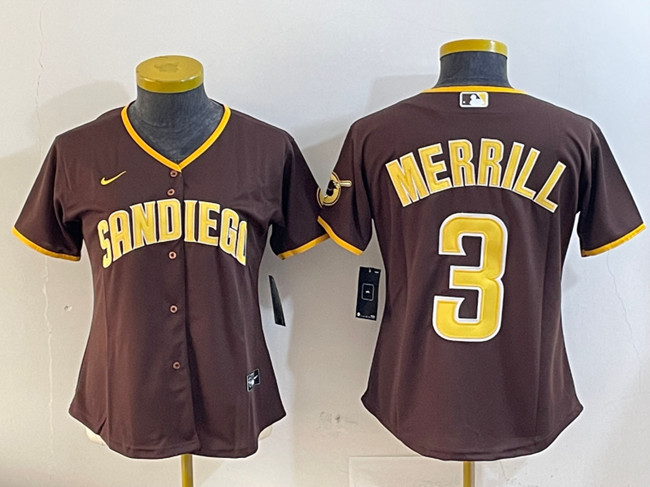Women's San Diego Padres #3 Jackson Merrill Brown Stitched Baseball Jersey(Run Small)
