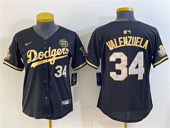Women's Los Angeles Dodgers #34 Fernando Valenzuela Black Gold 2024 World Series With Fernando Patch Vapor Limited Stitched Baseball Jersey(Run Small)