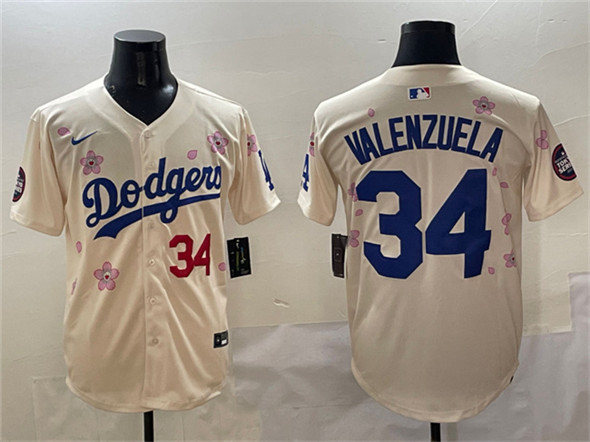 Men's Los Angeles Dodgers #34 Fernando Valenzuela Cream 2025 Tokyo Series Limited Stitched Baseball Jersey
