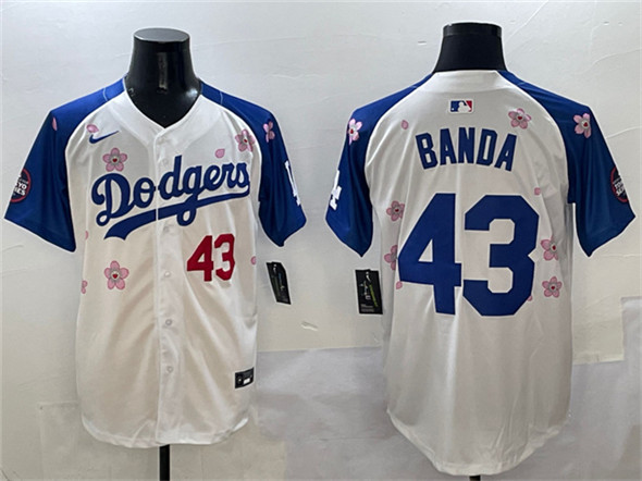 Men's Los Angeles Dodgers #43 Anthony Banda White Royal 2025 Tokyo Series Limited Stitched Baseball Jersey