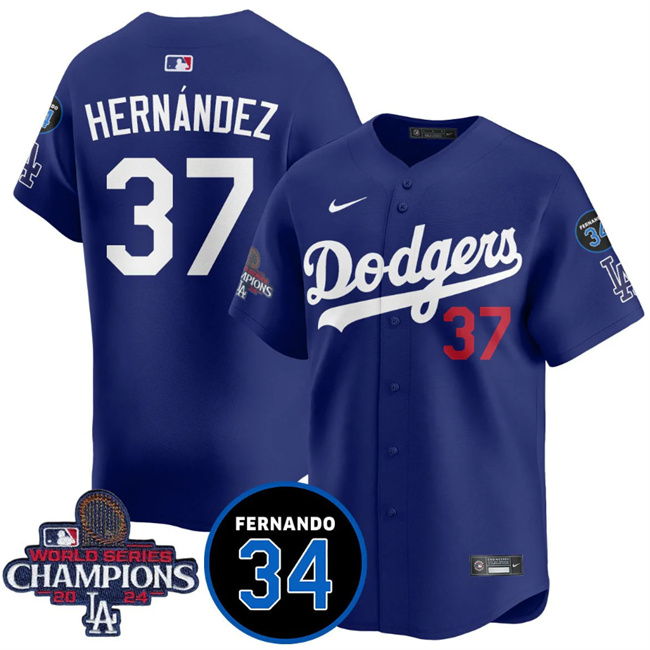 Men's Los Angeles Dodgers #37 Teoscar Hernandez Royal 2024 World Series Champions With Fernando Memorial Patch Vapor Premier Limited Stitched Baseball Jersey
