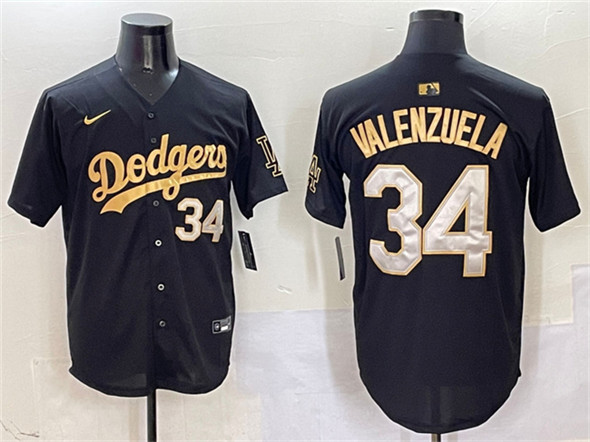 Men's Los Angeles Dodgers #34 Fernando Valenzuela Black Gold Limited Stitched Baseball Jersey