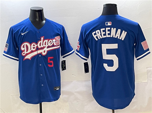 Men's Los Angeles Dodgers #5 Freddie Freeman Royal With American Flag Patch Limited Stitched Baseball Jersey
