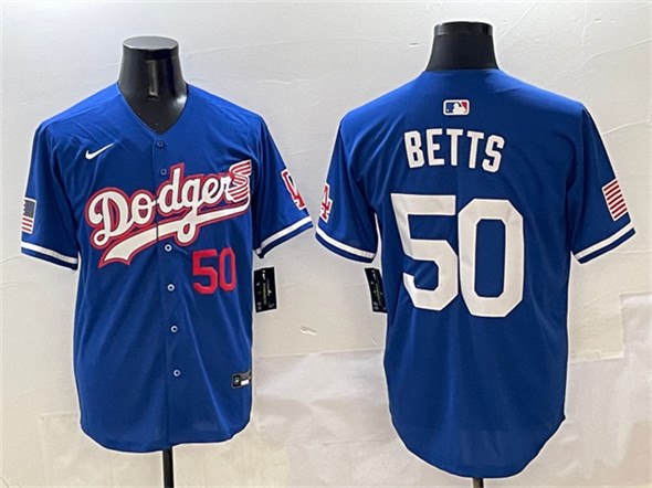Men's Los Angeles Dodgers #50 Mookie Betts Royal With American Flag Patch Limited Stitched Baseball Jersey