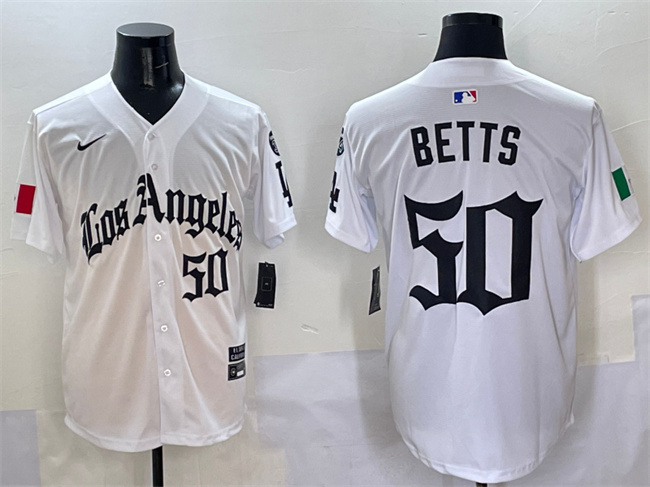 Men's Los Angeles Dodgers #50 Mookie Betts White Mexico 2025 LA Gothic Style With Fernando Patch Vapor Premier Limited Stitched Baseball Jersey