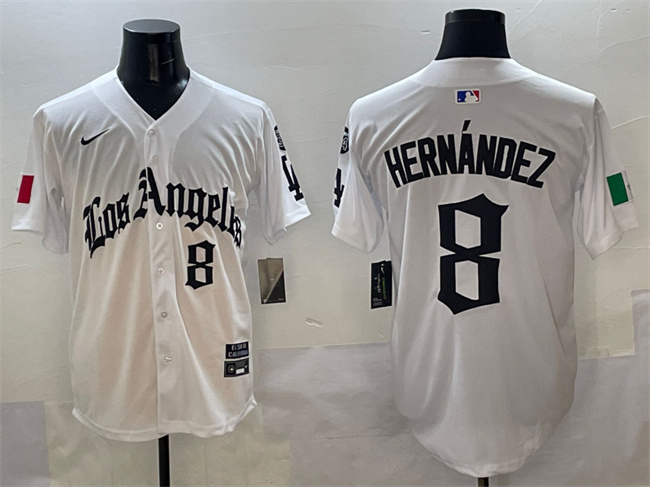 Men's Los Angeles Dodgers #8 Enrique Hernández White Mexico 2025 LA Gothic Style With Fernando Patch Vapor Premier Limited Stitched Baseball Jersey