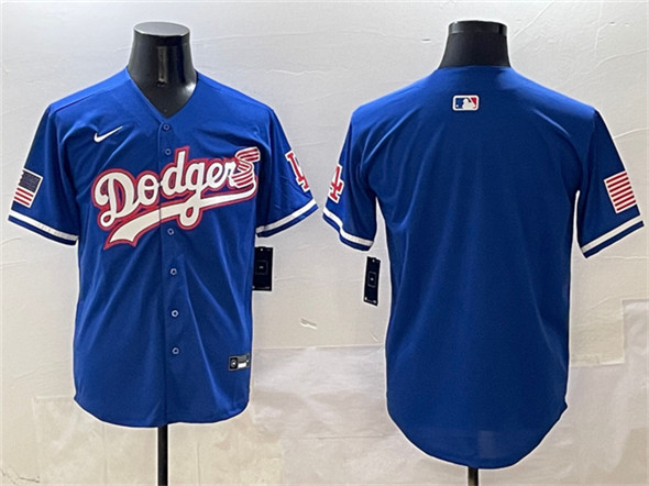 Men's Los Angeles Dodgers Blank Royal With American Flag Patch Limited Stitched Baseball Jersey