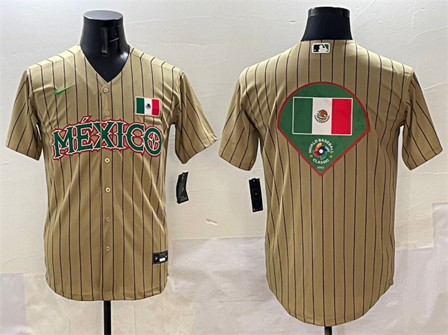 Men's Mexico Baseball Tan 2023 World Baseball Classic Team Big Logo Stitched Jerseys