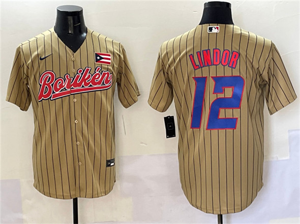 Men's Puerto Rico Baseball #12 Francisco Lindor Tan 2023 World Baseball Classic Stitched Jersey