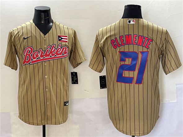 Men's Puerto Rico Baseball #21 Roberto Clemente Tan 2023 World Baseball Classic Stitched Jersey